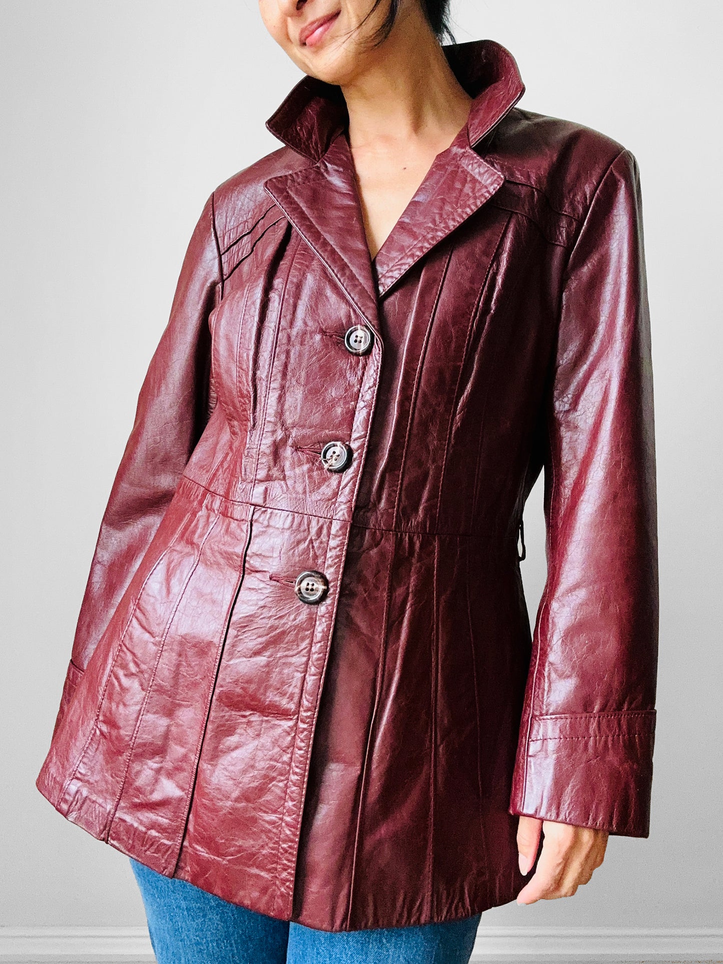 70s Maroon Tapered Waist Leather Jacket  - Sz. S/M