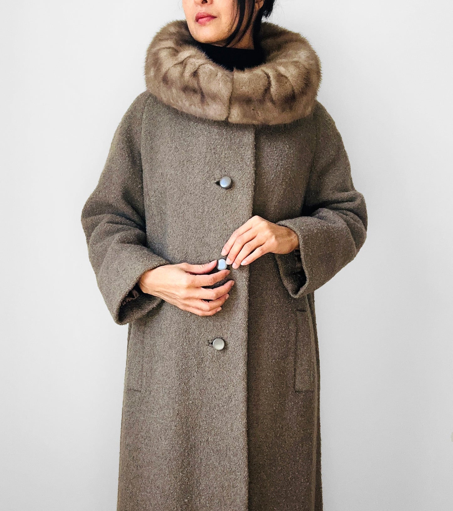 1960s Taupe Fur Collar A-Line Mid-Length Coat