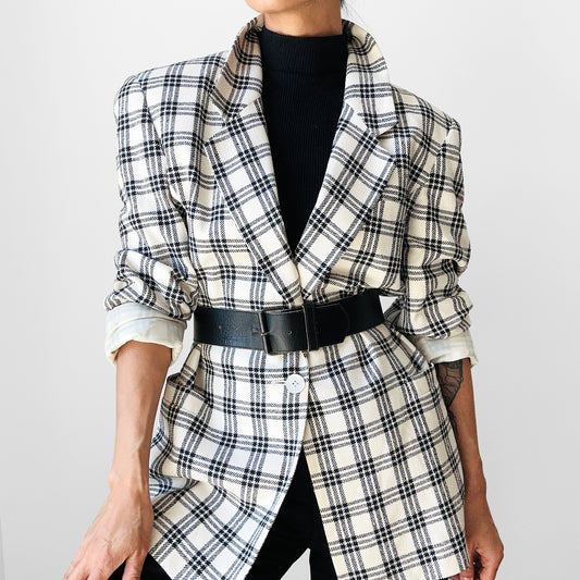 1980s Off-White and Black Plaid Silk Blazer Jacket - Sz. M/L