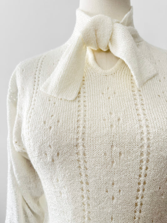Vintage 1970s Ivory Tied-Neck Three-Quarter Sleeve Lightweight Knit Top - Sz. S