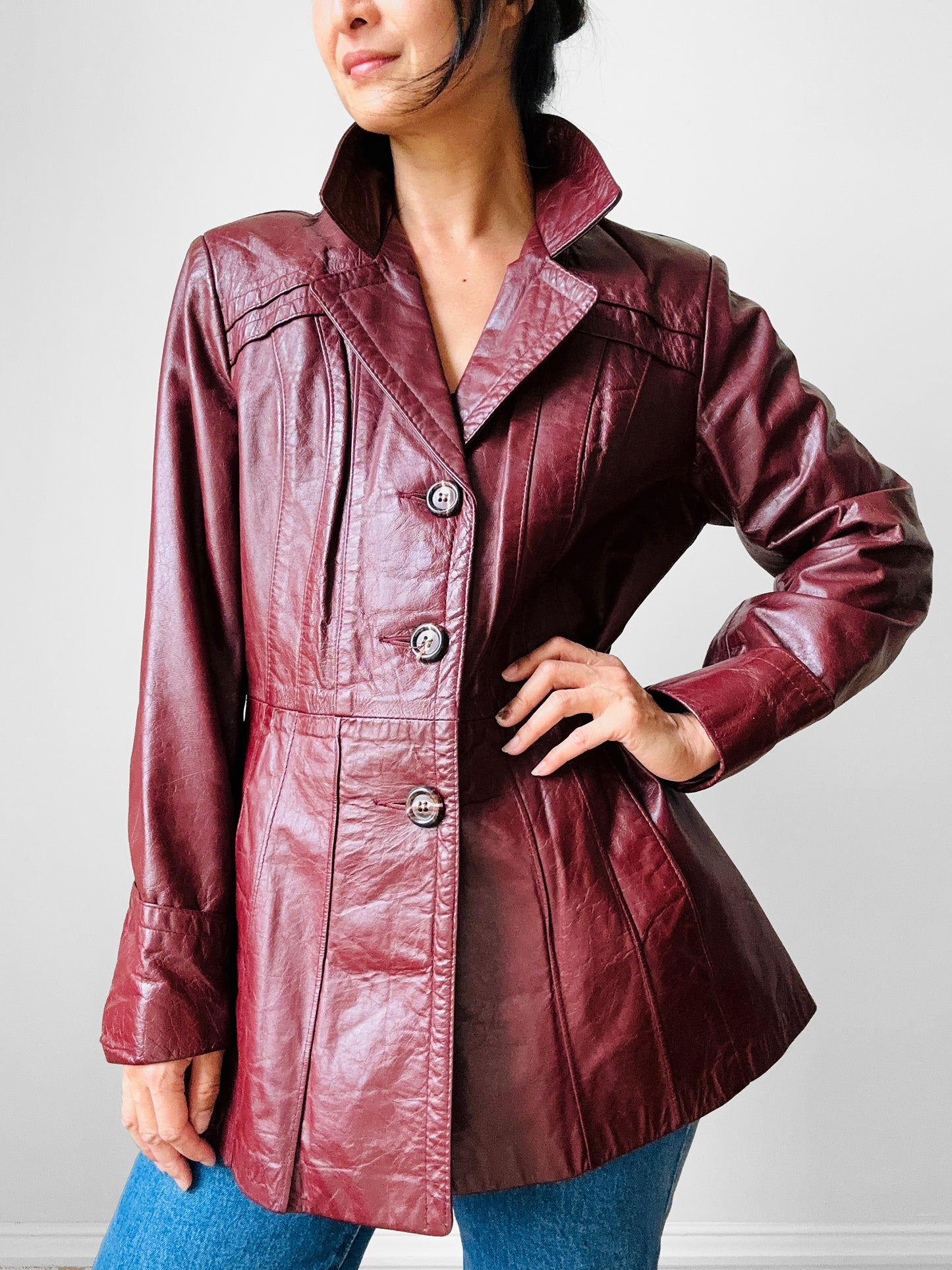 70s Maroon Tapered Waist Leather Jacket  - Sz. S/M