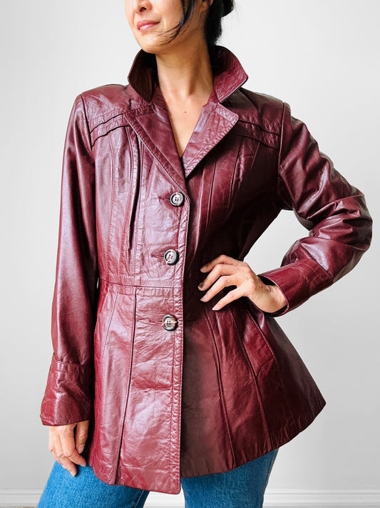 70s Maroon Tapered Waist Leather Jacket  - Sz. S/M