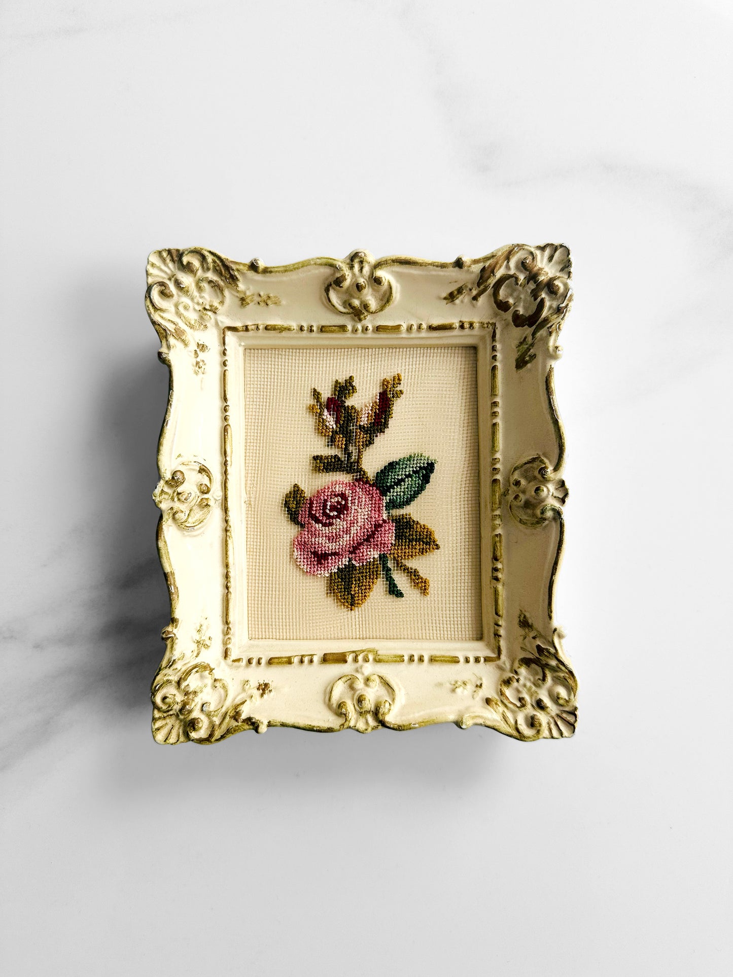 Vintage 1950s - 1960s Cream Framed Victorian Rose Petit Point Wall Hanging