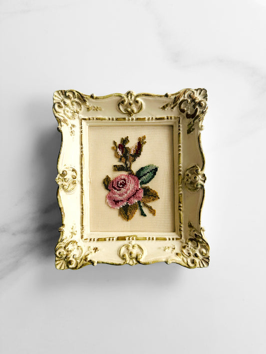 Vintage 1950s - 1960s Cream Framed Victorian Rose Petit Point Wall Hanging