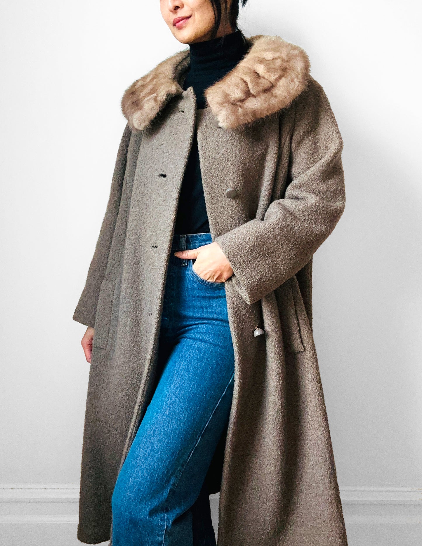 1960s Taupe Fur Collar A-Line Mid-Length Coat