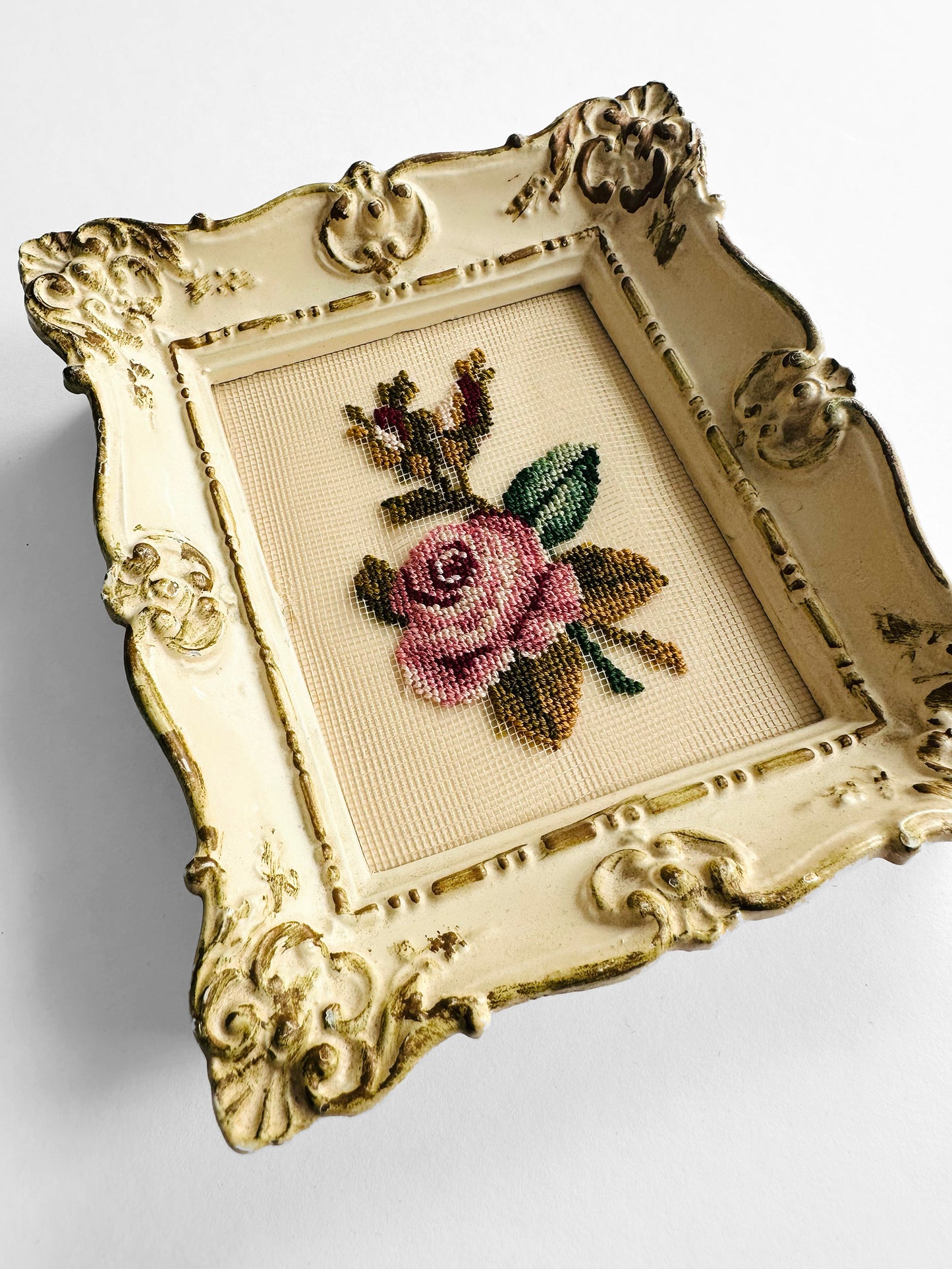Vintage 1950s - 1960s Cream Framed Victorian Rose Petit Point Wall Hanging
