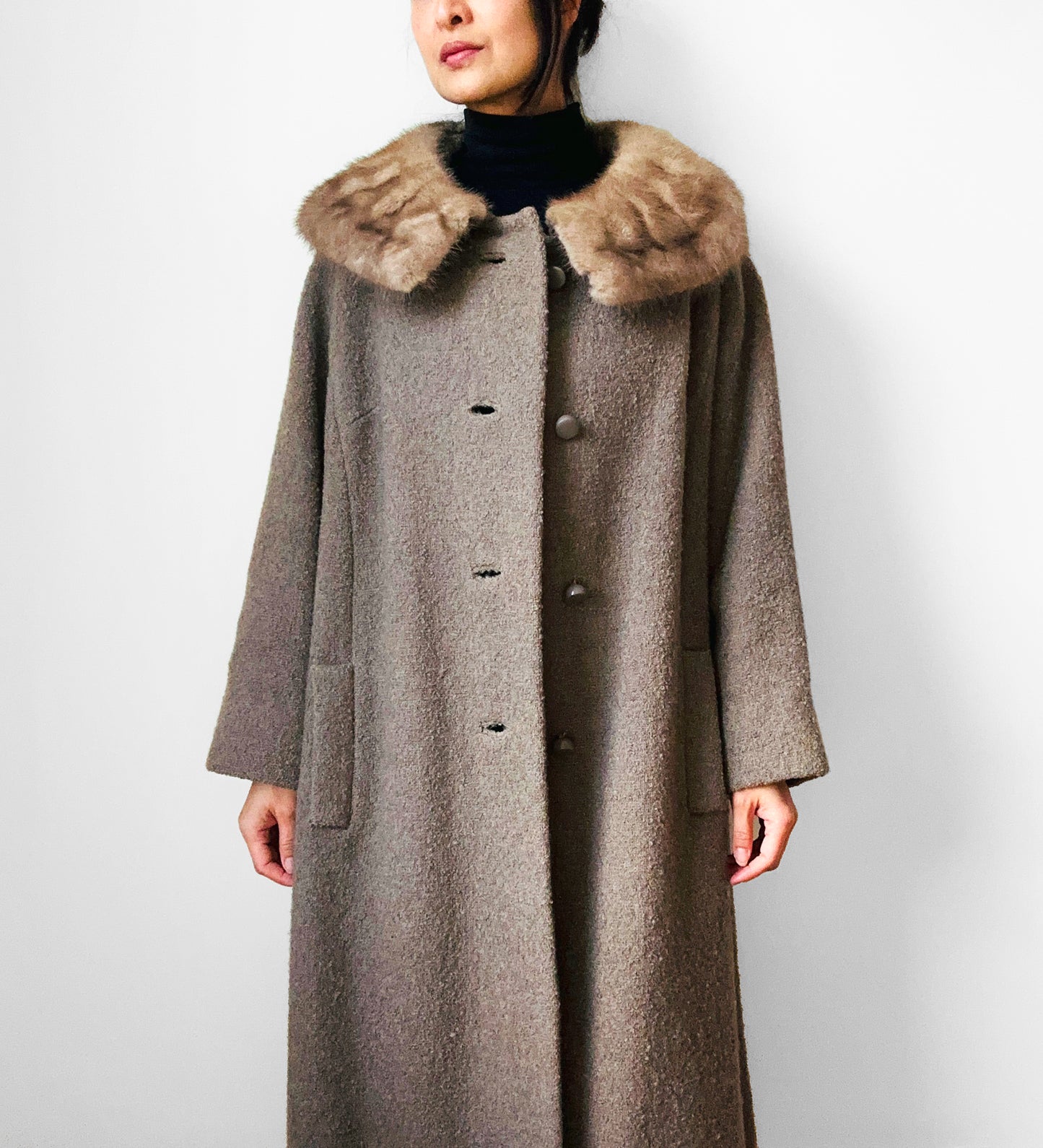 1960s Taupe Fur Collar A-Line Mid-Length Coat