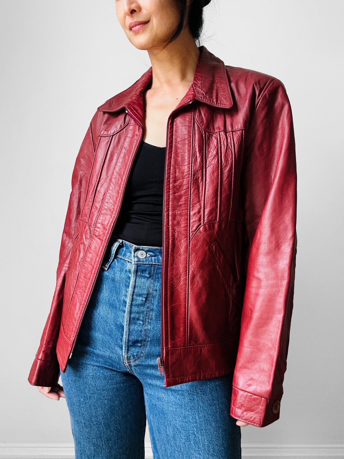 Vintage 1970s Maroon Red Zip Front Leather Jacket - Sz. M