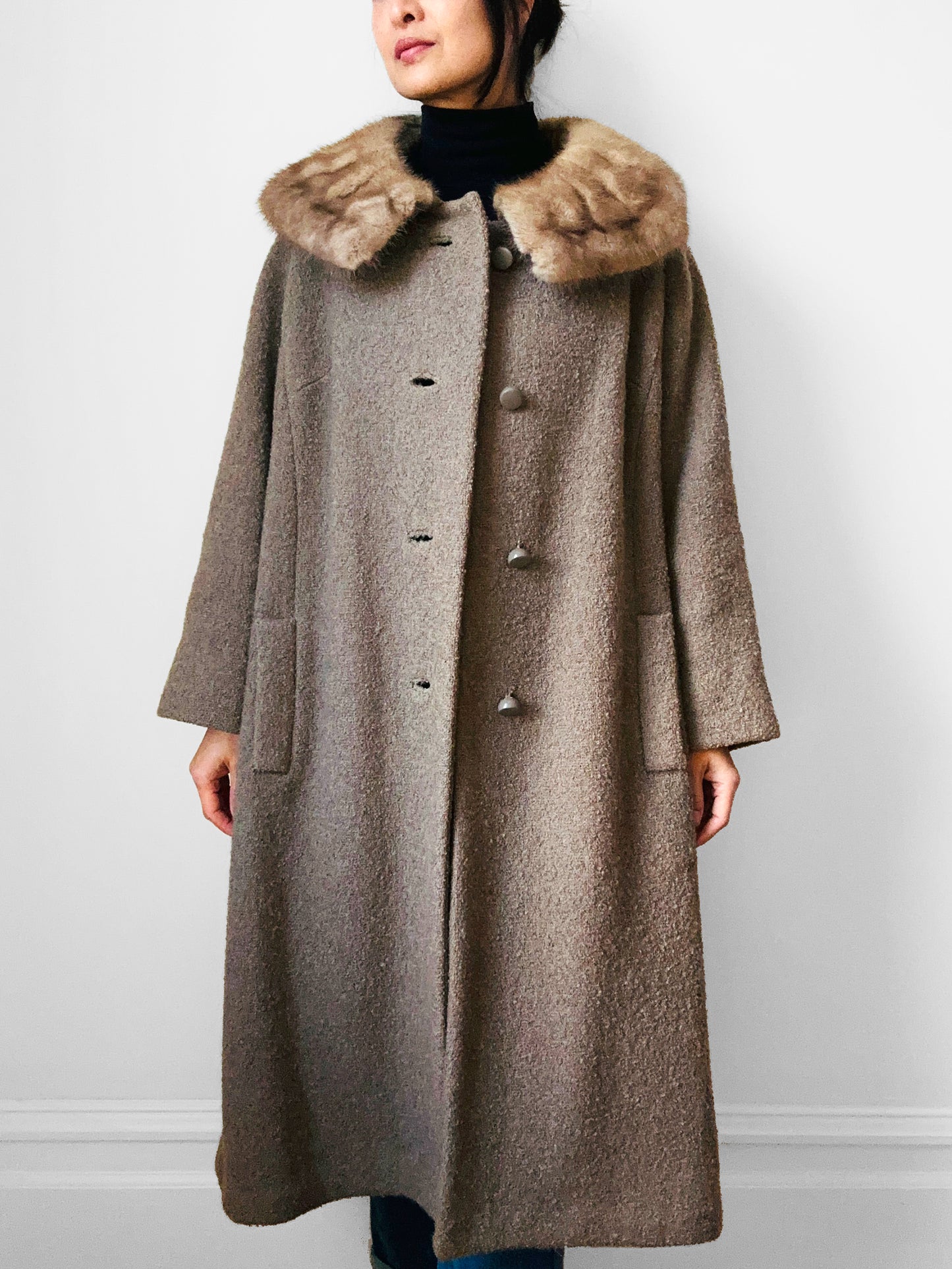 1960s Taupe Fur Collar A-Line Mid-Length Coat