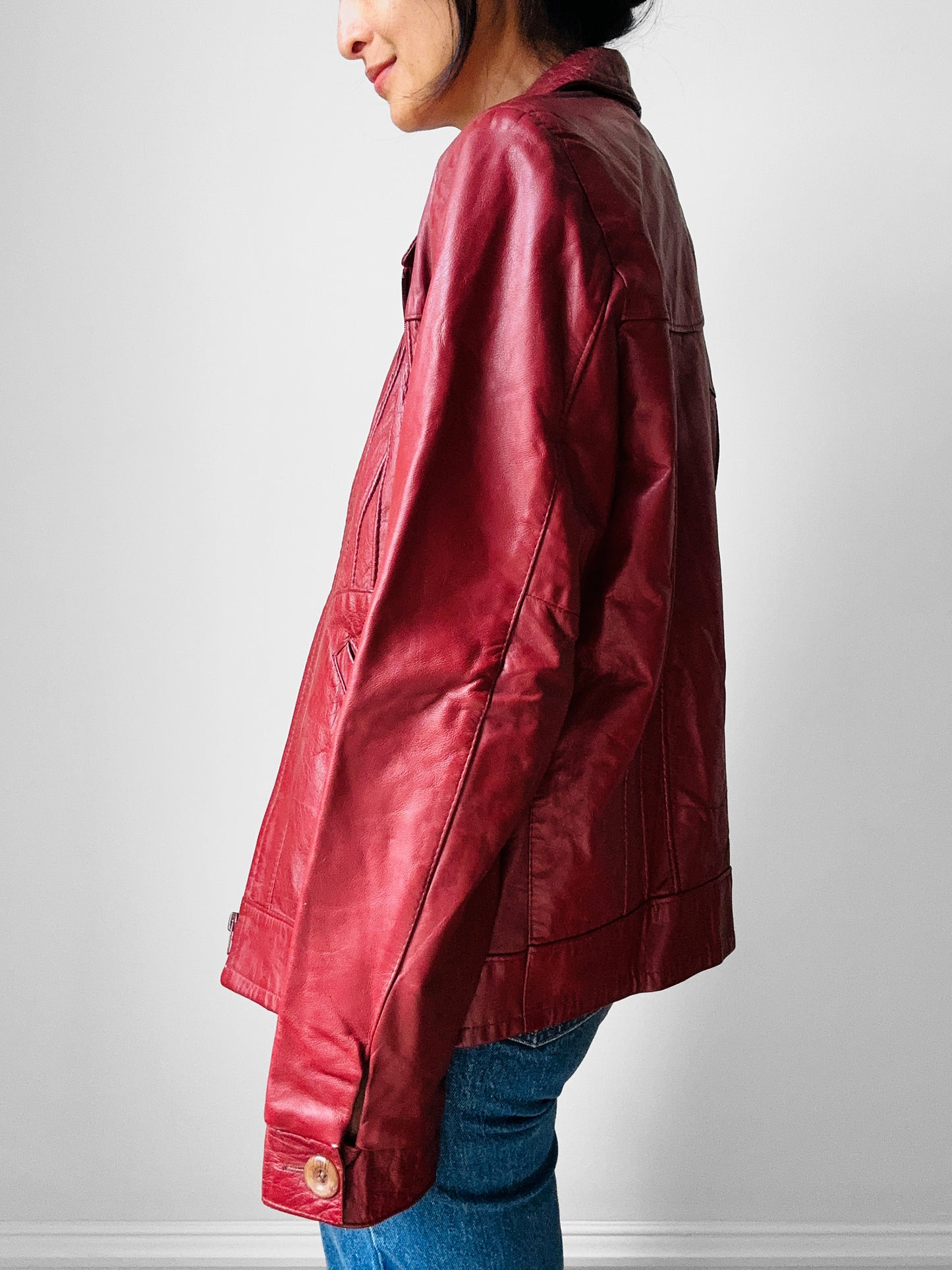 Vintage 1970s Maroon Red Zip Front Leather Jacket - Sz. M