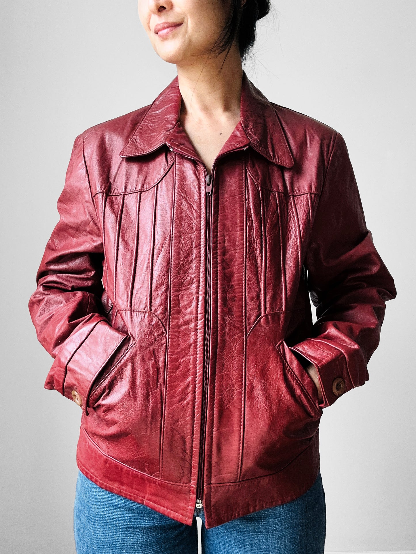 Vintage 1970s Maroon Red Zip Front Leather Jacket - Sz. M