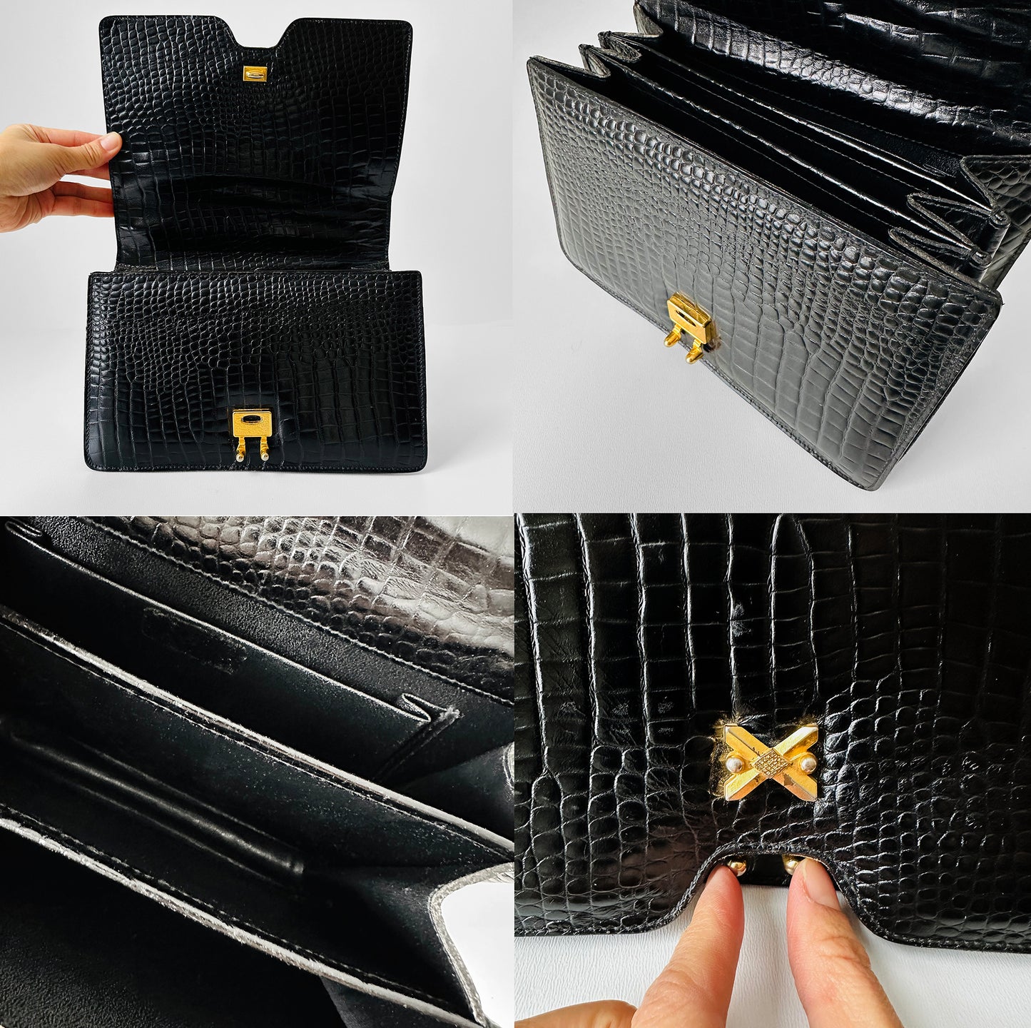 1950s - 1960s Black Textured Leather Top-Handle Compact Accordion Handbag