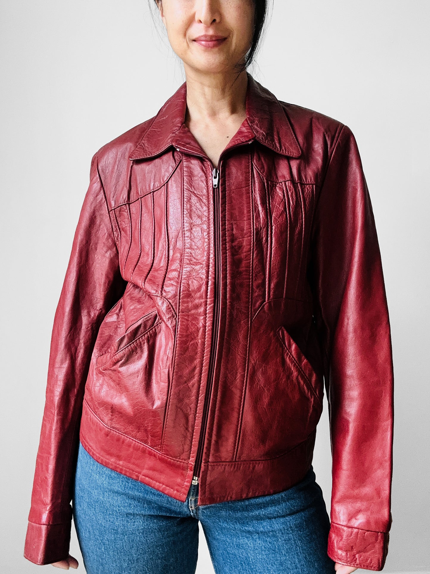 Vintage 1970s Maroon Red Zip Front Leather Jacket - Sz. M