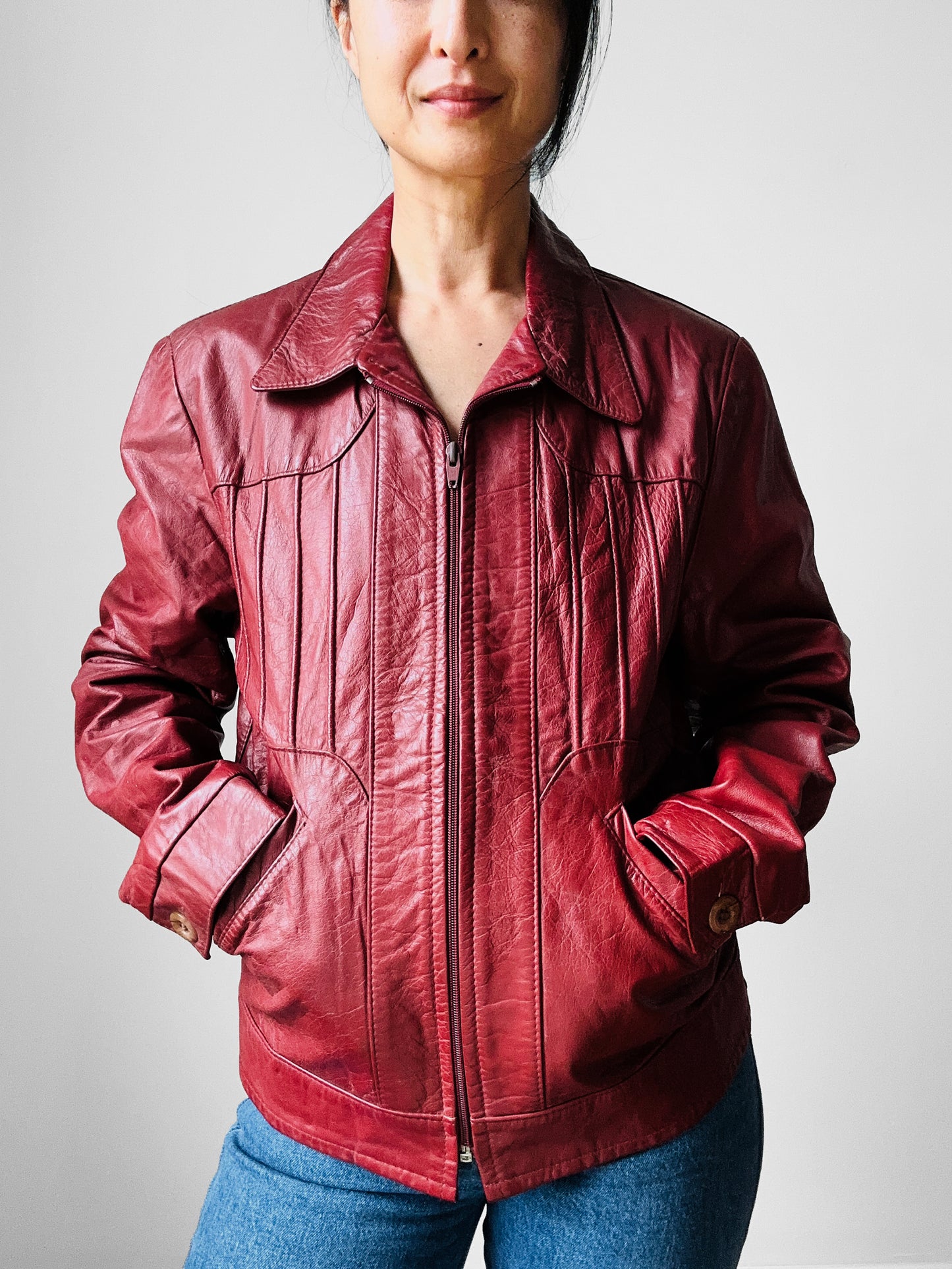 Vintage 1970s Maroon Red Zip Front Leather Jacket - Sz. M
