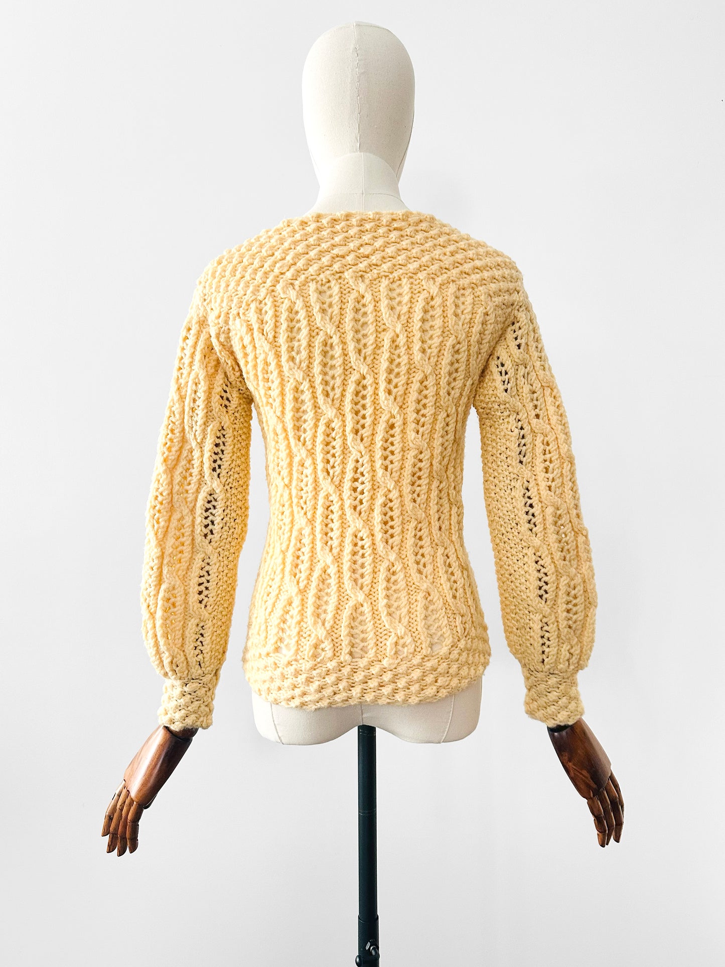 Vintage 1960s - 1970s Buttery Yellow Handmade Long Sleeve Textured Knit Sweater Top - Sz. XS/S