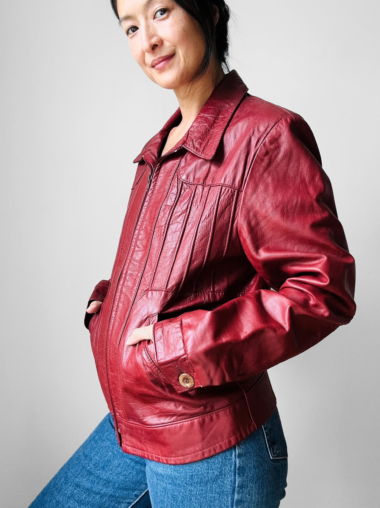 Vintage 1970s Maroon Red Zip Front Leather Jacket - Sz. M