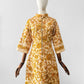 Vintage 1960s Golden Yellow Paisley Floral Patterned Zip-Front Quilted House Dress - Sz. S/M