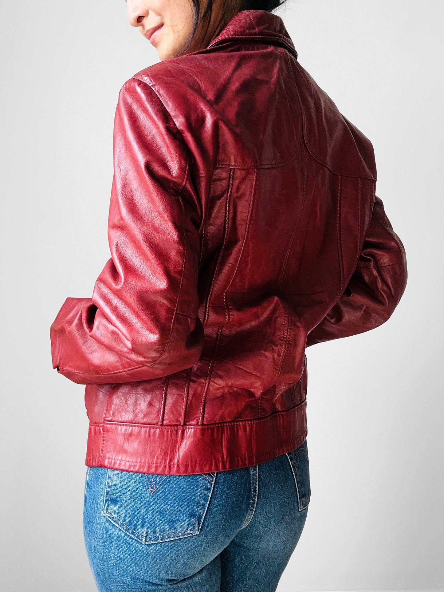 Vintage 1970s Maroon Red Zip Front Leather Jacket - Sz. M