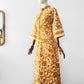 Vintage 1960s Golden Yellow Paisley Floral Patterned Zip-Front Quilted House Dress - Sz. S/M