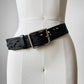 Black Silver Buckle Tooled Leather Eyelet Cut Out Belt - Sz. 30 - 34 inch