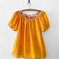 Vintage 1960s - 1970s Mustard Yellow Crochet Floral Trim Short Sleeve Peasant Blouse - Sz. S