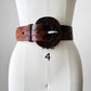 1970s Made in Spain Large Buckle Tobacco Brown Eyelet Leather Belt - O/S