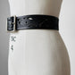 Black Silver Buckle Tooled Leather Eyelet Cut Out Belt - Sz. 30 - 34 inch