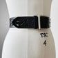 Black Silver Buckle Tooled Leather Eyelet Cut Out Belt - Sz. 30 - 34 inch