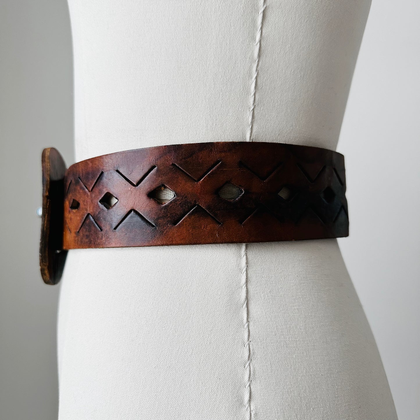 1970s Made in Spain Large Buckle Tobacco Brown Eyelet Leather Belt - O/S