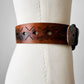 1970s Made in Spain Large Buckle Tobacco Brown Eyelet Leather Belt - O/S