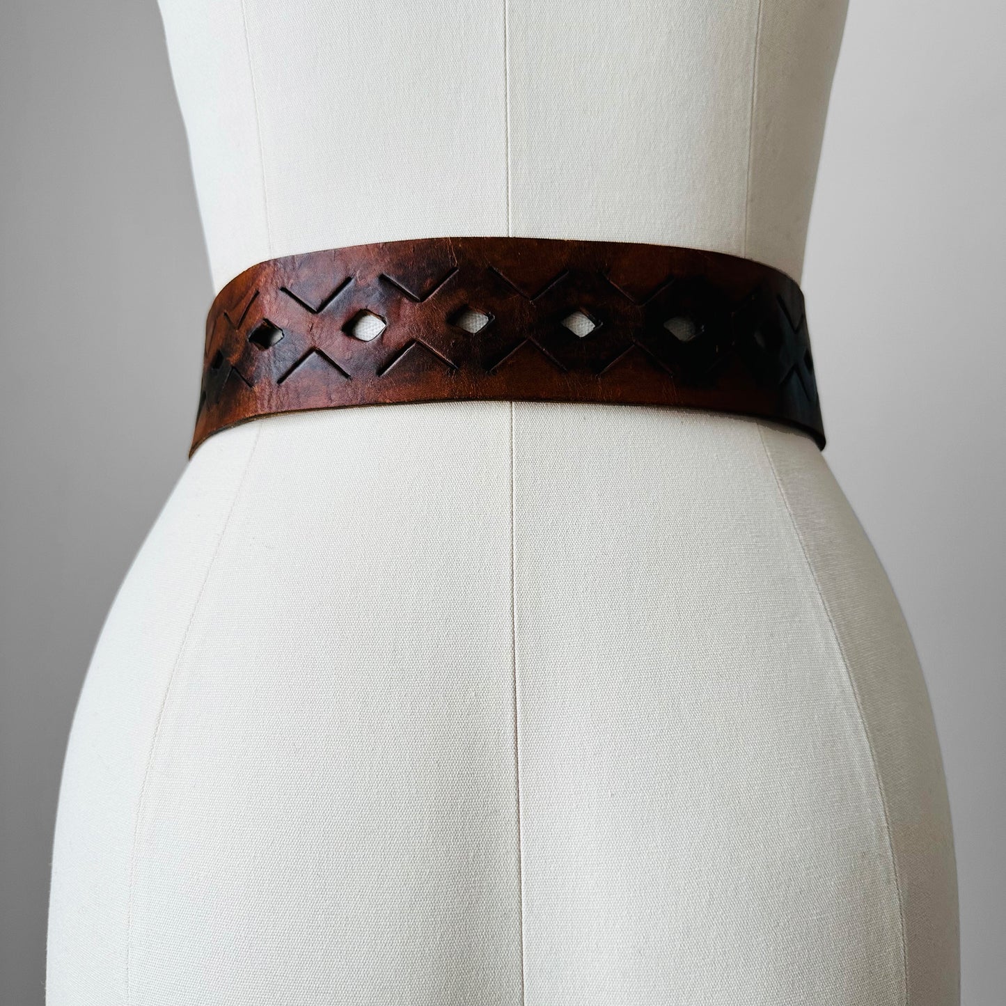 1970s Made in Spain Large Buckle Tobacco Brown Eyelet Leather Belt - O/S