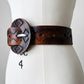 1970s Made in Spain Large Buckle Tobacco Brown Eyelet Leather Belt - O/S