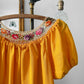 Vintage 1960s - 1970s Mustard Yellow Crochet Floral Trim Short Sleeve Peasant Blouse - Sz. S