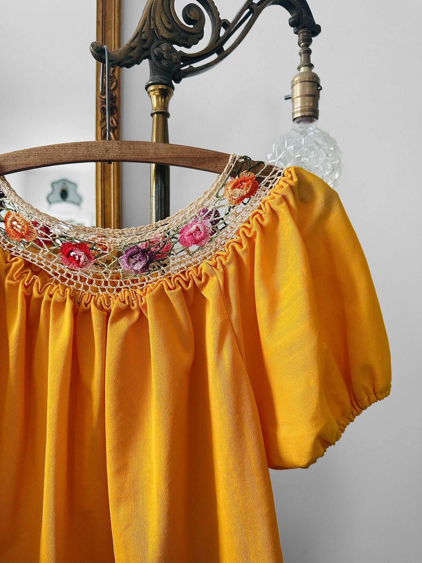 Vintage 1960s - 1970s Mustard Yellow Crochet Floral Trim Short Sleeve Peasant Blouse - Sz. S