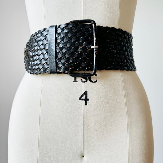 1940s Black Braided Extra Wide Leather Belt - S/M