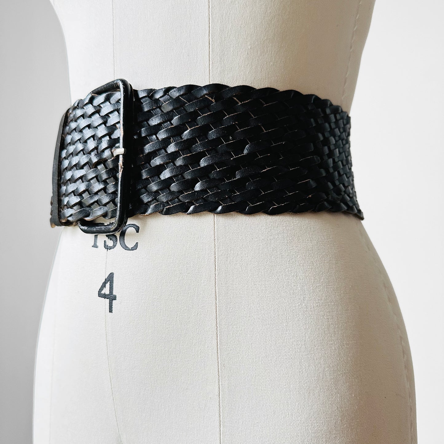 1940s Black Braided Extra Wide Leather Belt - S/M