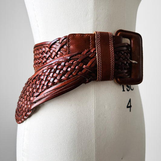 1980s Made in Italy Wide Leather Buckle Woven Braided Belt - Sz. O/S