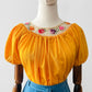 Vintage 1960s - 1970s Mustard Yellow Crochet Floral Trim Short Sleeve Peasant Blouse - Sz. S