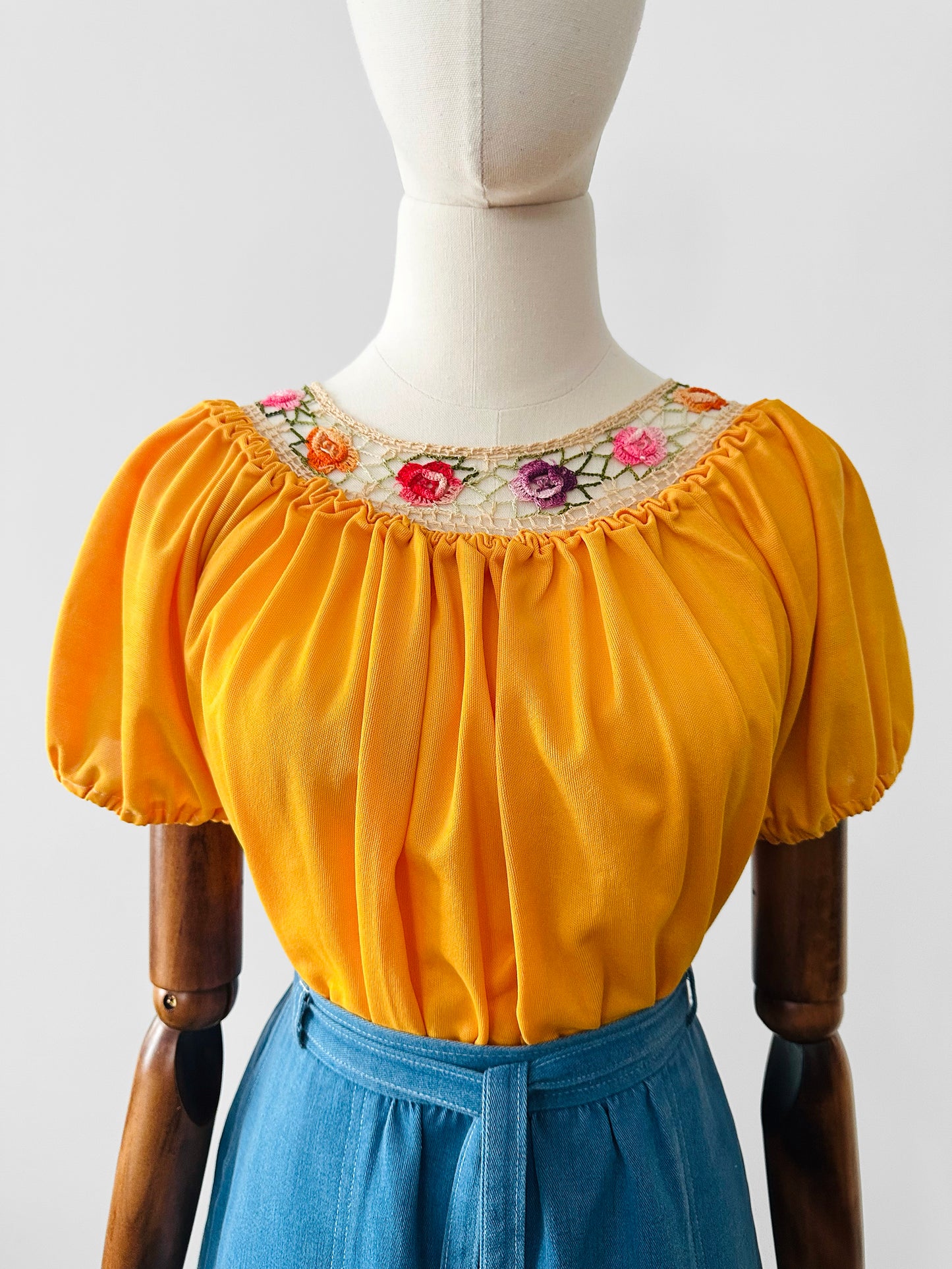 Vintage 1960s - 1970s Mustard Yellow Crochet Floral Trim Short Sleeve Peasant Blouse - Sz. S