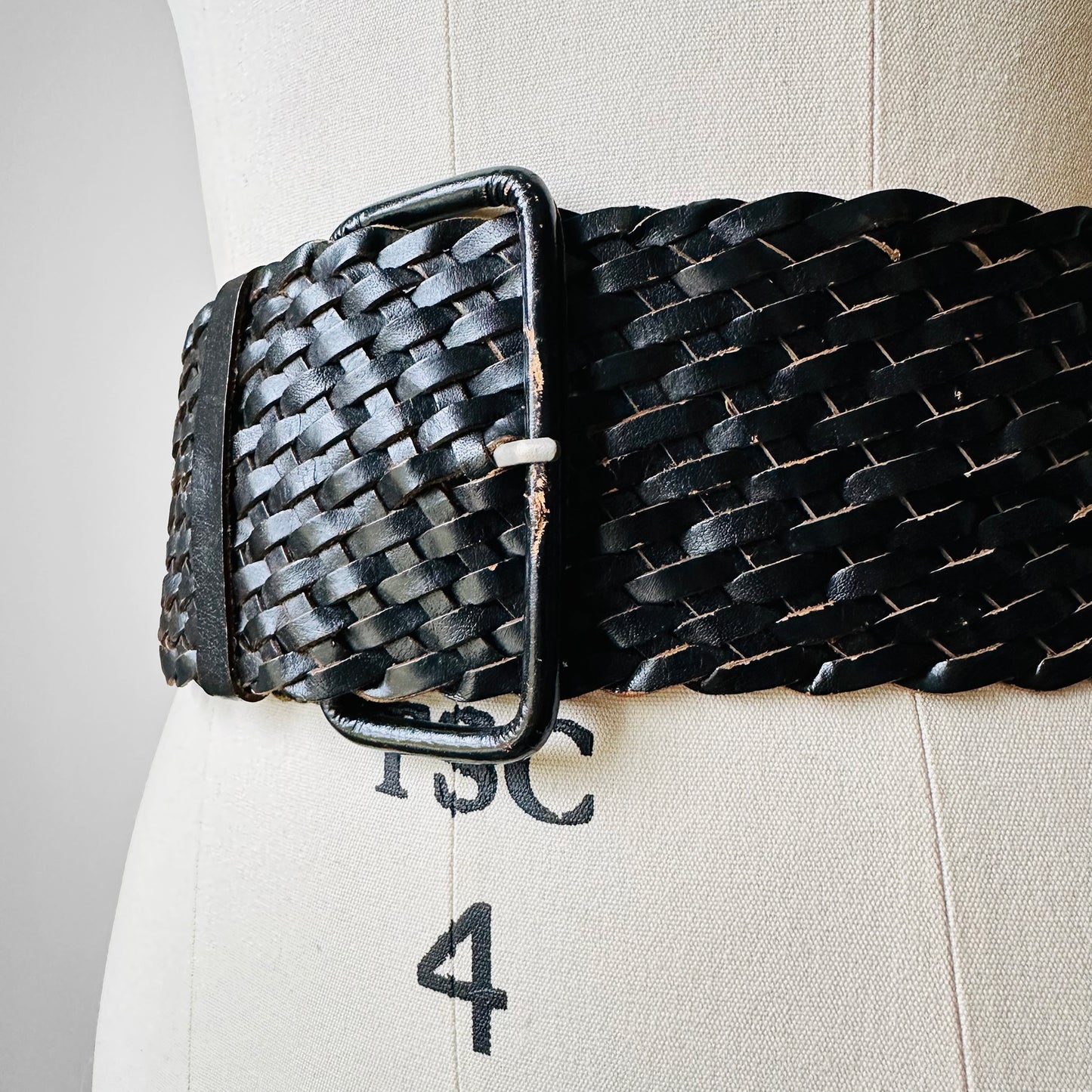 1940s Black Braided Extra Wide Leather Belt - S/M