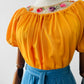 Vintage 1960s - 1970s Mustard Yellow Crochet Floral Trim Short Sleeve Peasant Blouse - Sz. S