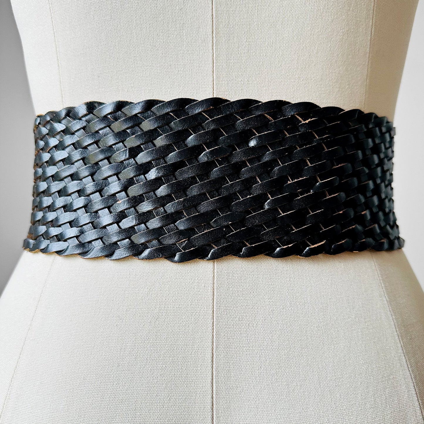 1940s Black Braided Extra Wide Leather Belt - S/M