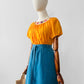 Vintage 1960s - 1970s Mustard Yellow Crochet Floral Trim Short Sleeve Peasant Blouse - Sz. S