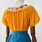 Vintage 1960s - 1970s Mustard Yellow Crochet Floral Trim Short Sleeve Peasant Blouse - Sz. S
