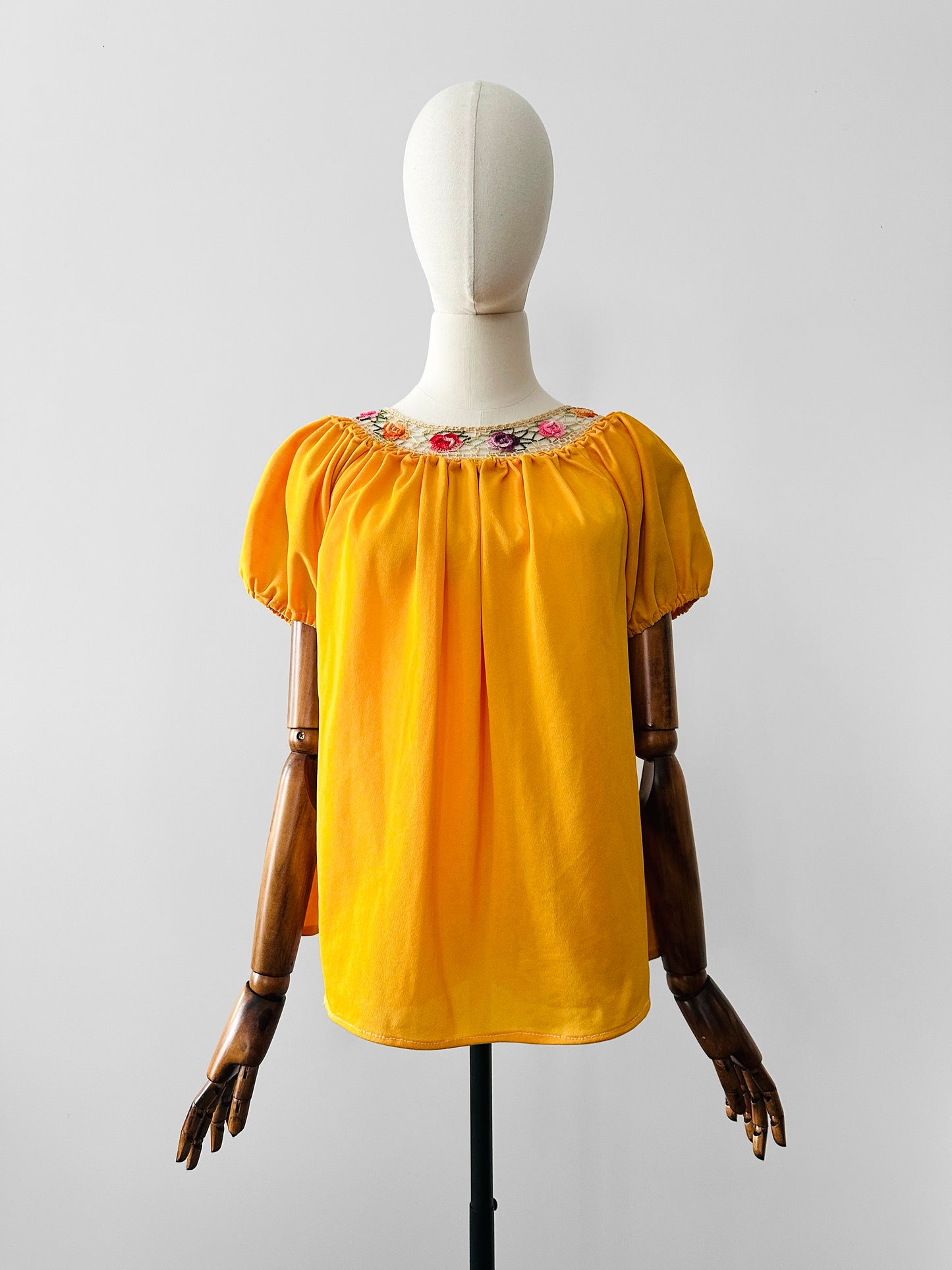 Vintage 1960s - 1970s Mustard Yellow Crochet Floral Trim Short Sleeve Peasant Blouse - Sz. S