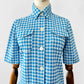 Vintage 1960s Sky Blue and White Houndstooth Print Short Sleeve Button Up Collared Shirt - Sz. S