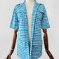 Vintage 1960s Sky Blue and White Houndstooth Print Short Sleeve Button Up Collared Shirt - Sz. S