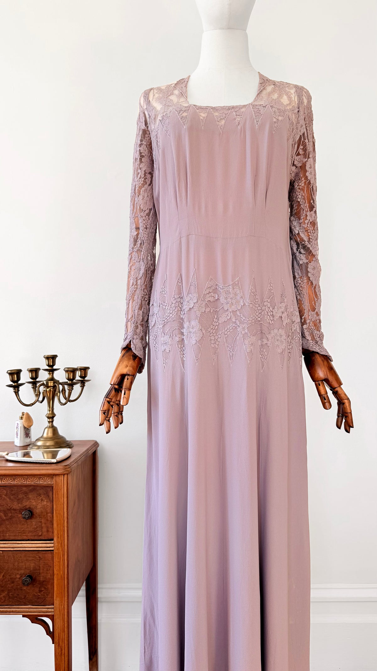 1930s Pale Lavender Floor Length Lace Art Deco Dress - Sz. M