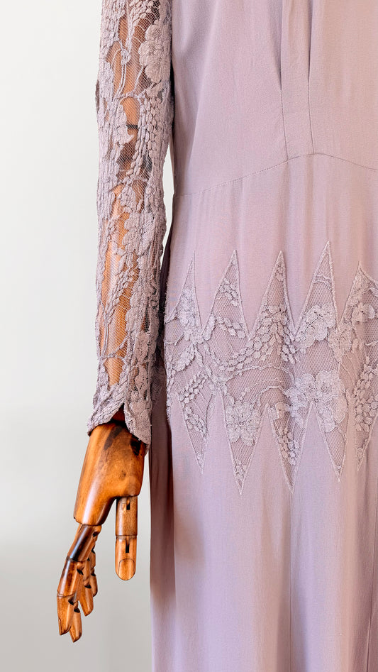 1930s Pale Lavender Floor Length Lace Art Deco Dress - Sz. M