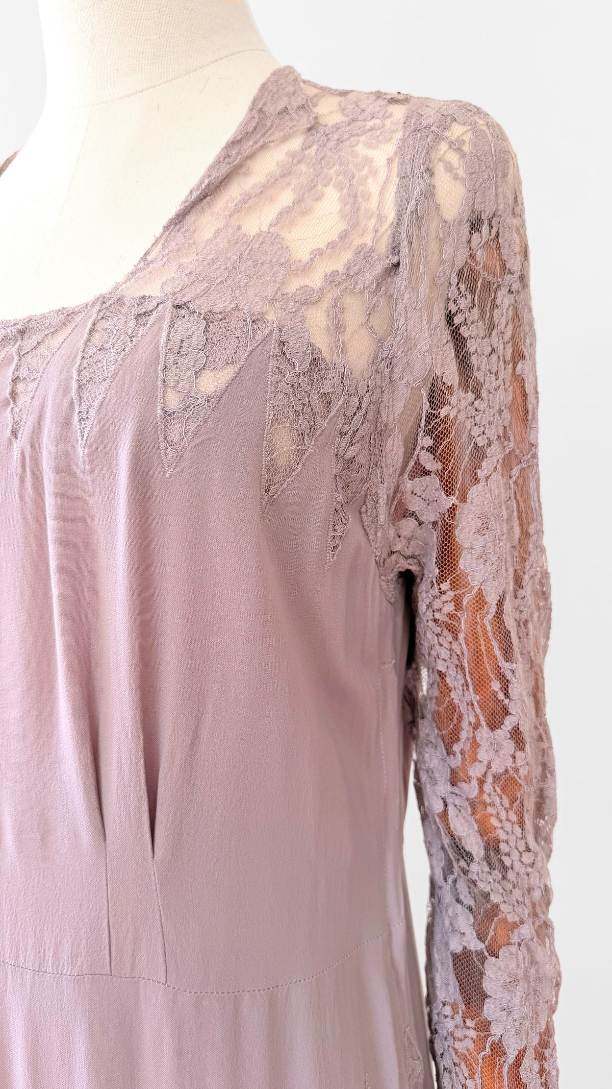 1930s Pale Lavender Floor Length Lace Art Deco Dress - Sz. M